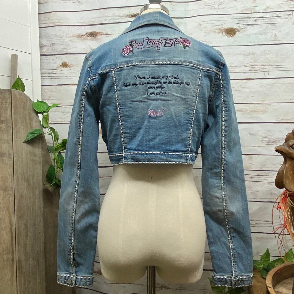 RTB Real Tough B itch Denim Jacket LARGE Biker Babe Blue Jean Embroidered Bling - Picture 2 of 12